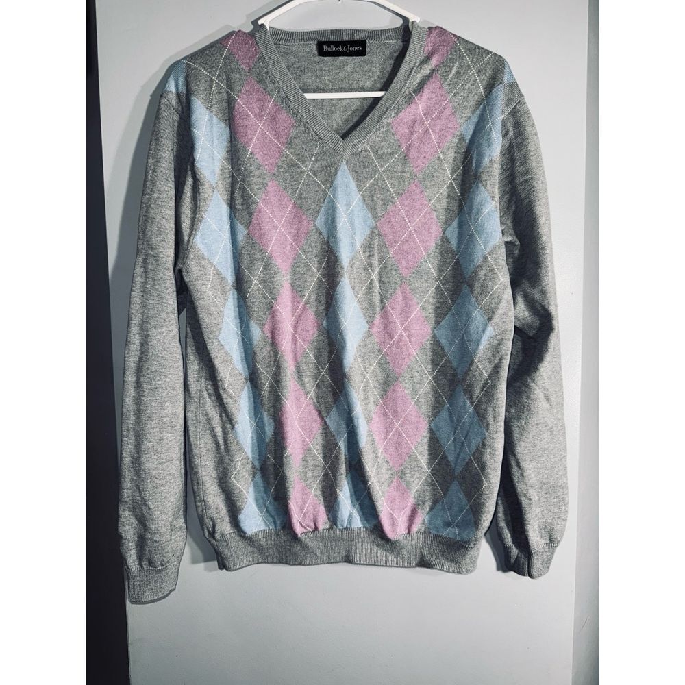 Bullock & Jones gray argyle cotton cashmere sweater size large‎